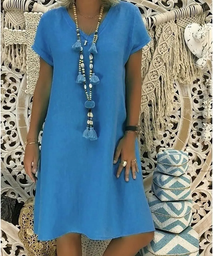 Linen Dresses for Women 2025 Summer V Neck Short Sleeve Flowy Midi Dress Plus Size Baggy Casual Comfy Beach Sundress