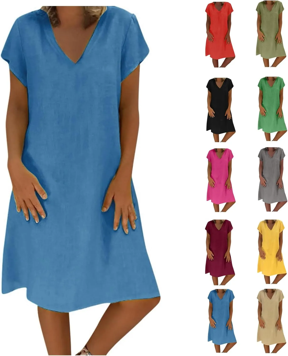 Linen Dresses for Women 2025 Summer V Neck Short Sleeve Flowy Midi Dress Plus Size Baggy Casual Comfy Beach Sundress