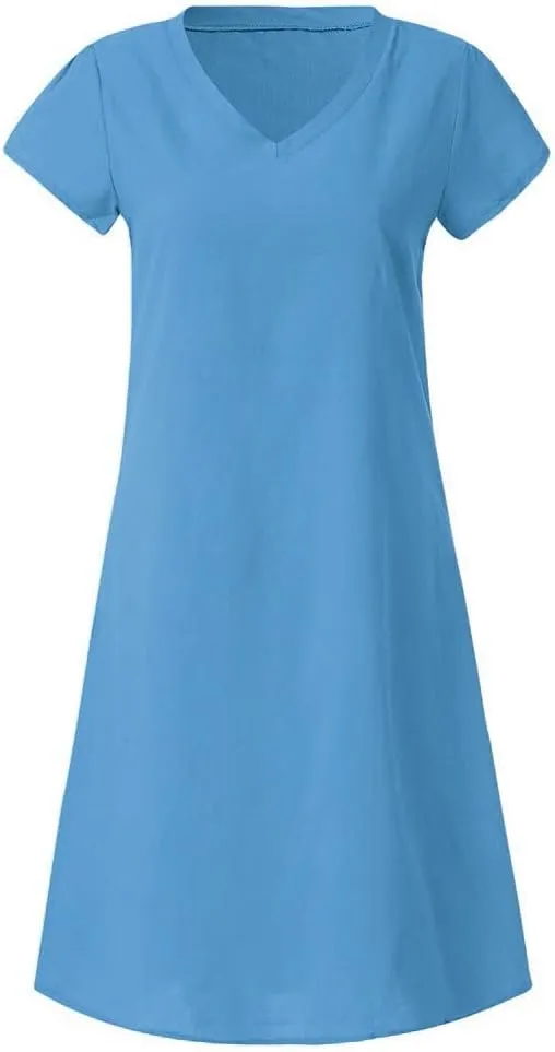 Linen Dresses for Women 2025 Summer V Neck Short Sleeve Flowy Midi Dress Plus Size Baggy Casual Comfy Beach Sundress