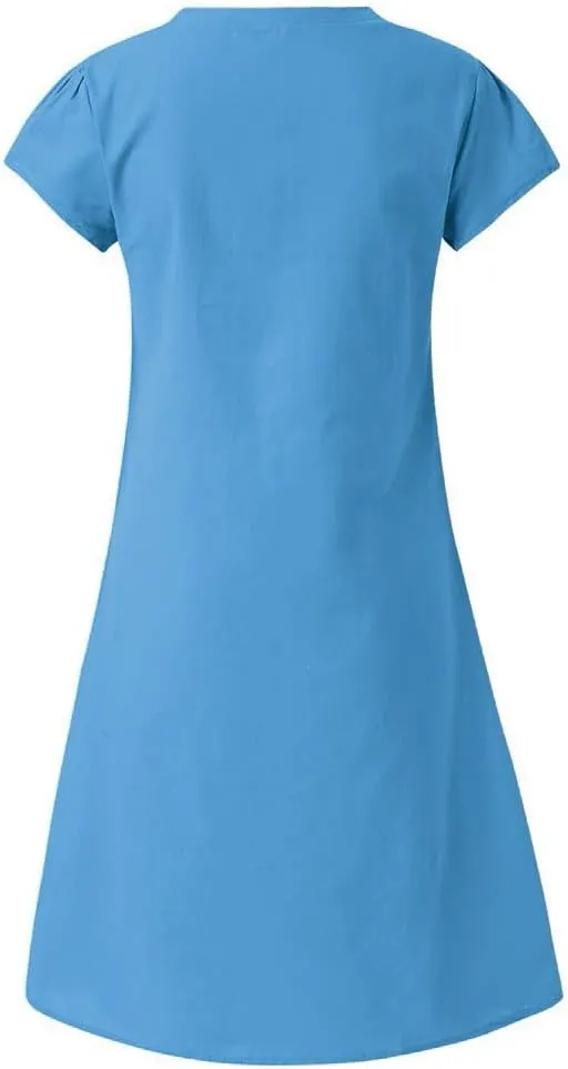 Linen Dresses for Women 2025 Summer V Neck Short Sleeve Flowy Midi Dress Plus Size Baggy Casual Comfy Beach Sundress