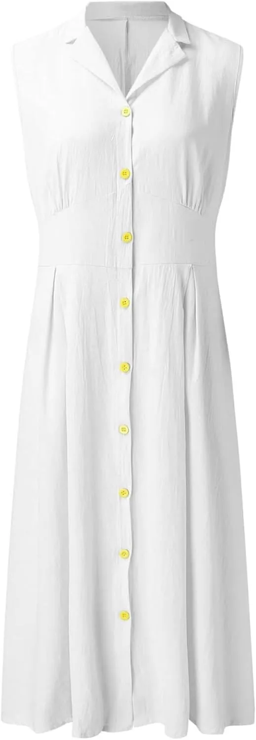 Linen Dresses for Women Button Down Dress Casual Summer Maxi Dresses V Neck A-Line Long Work Dress Business Sundress