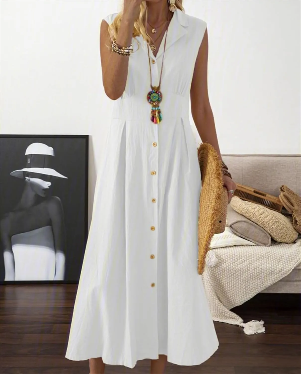 Linen Dresses for Women Button Down Dress Casual Summer Maxi Dresses V Neck A-Line Long Work Dress Business Sundress