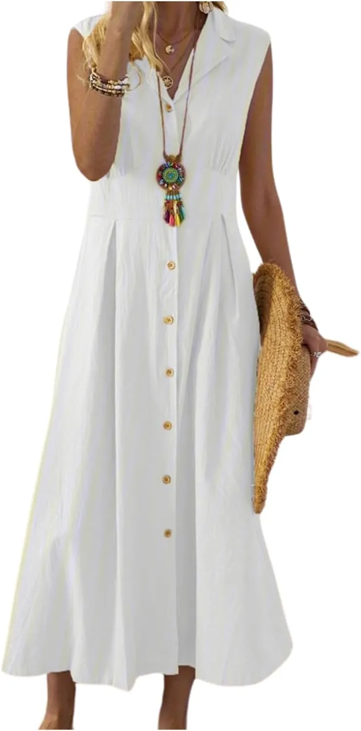 Linen Dresses for Women Button Down Dress Casual Summer Maxi Dresses V Neck A-Line Long Work Dress Business Sundress