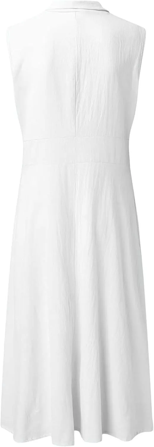 Linen Dresses for Women Button Down Dress Casual Summer Maxi Dresses V Neck A-Line Long Work Dress Business Sundress