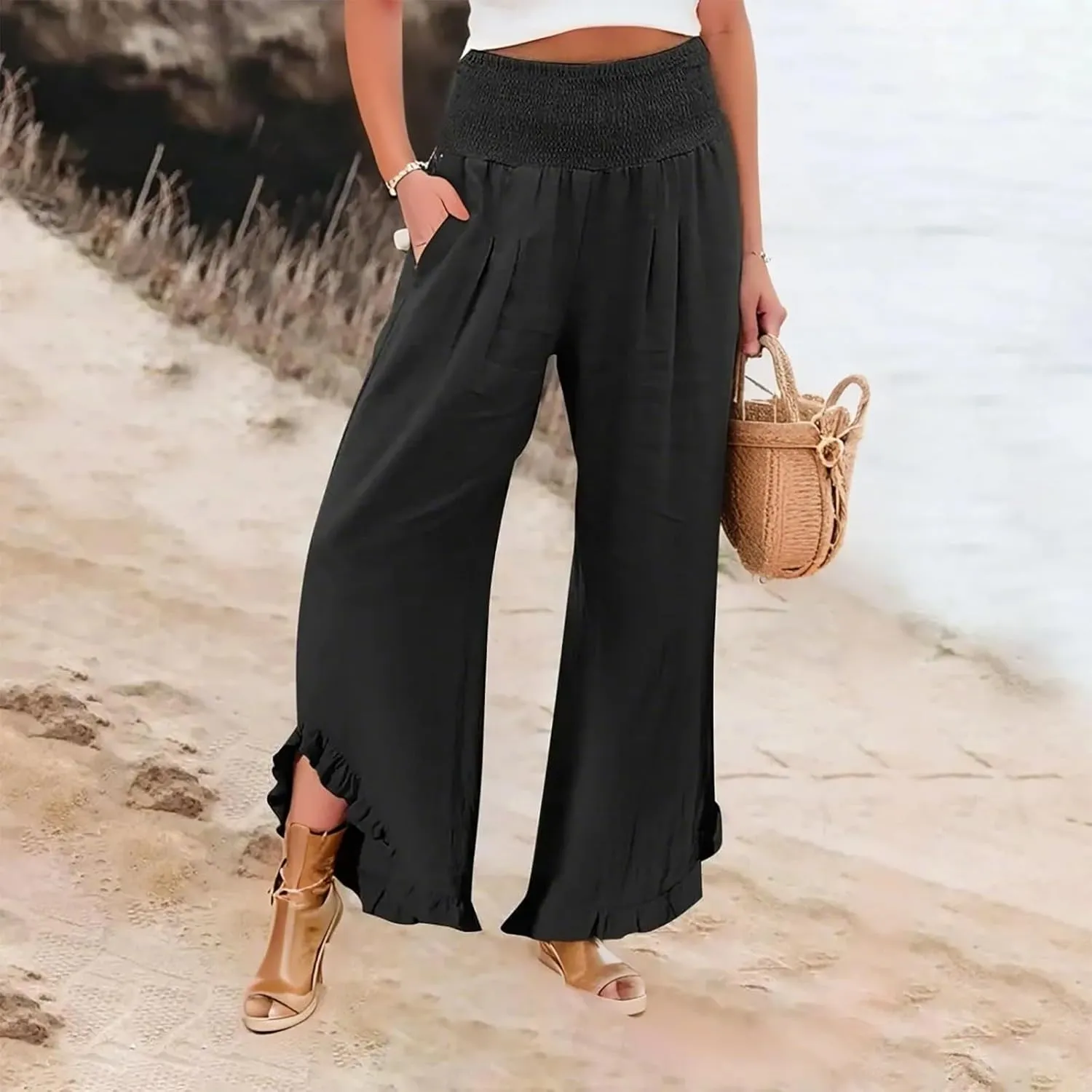 Linen Pants Women Smocked High Waisted Loose Wide Leg Pants Summer Ruffle Hem Palazzo Pant Boho Flowy Pant