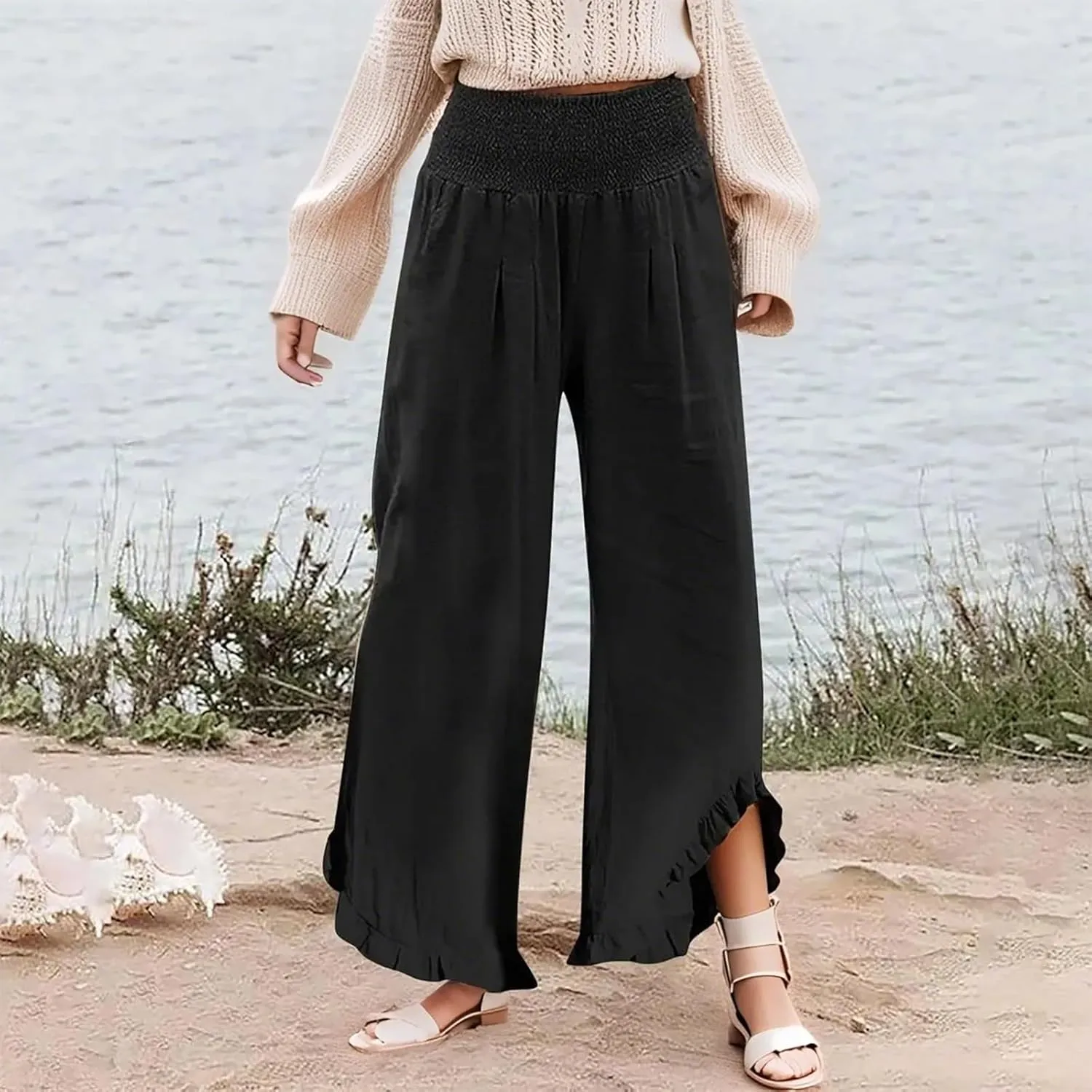 Linen Pants Women Smocked High Waisted Loose Wide Leg Pants Summer Ruffle Hem Palazzo Pant Boho Flowy Pant