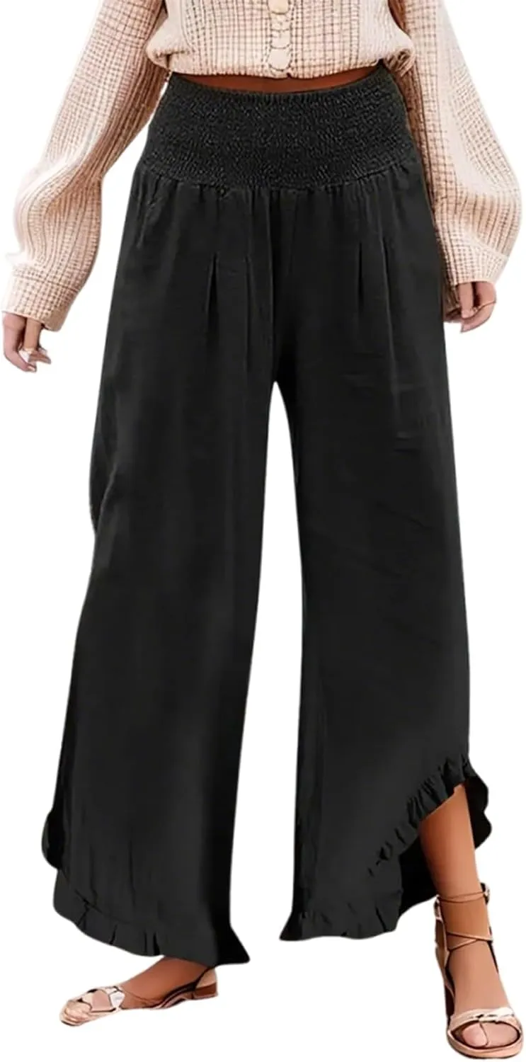 Linen Pants Women Smocked High Waisted Loose Wide Leg Pants Summer Ruffle Hem Palazzo Pant Boho Flowy Pant