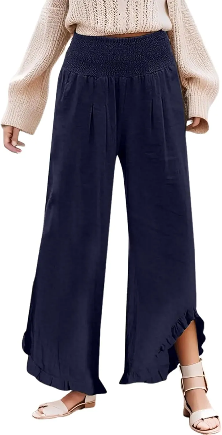 Linen Pants Women Smocked High Waisted Loose Wide Leg Pants Summer Ruffle Hem Palazzo Pant Boho Flowy Pant