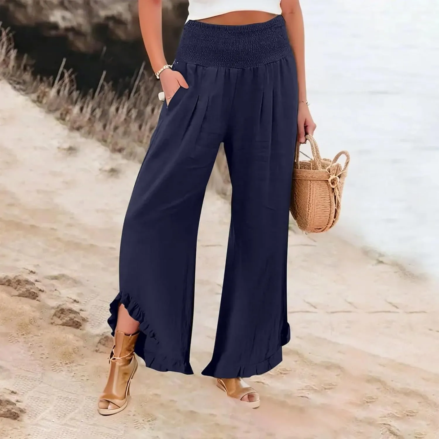 Linen Pants Women Smocked High Waisted Loose Wide Leg Pants Summer Ruffle Hem Palazzo Pant Boho Flowy Pant