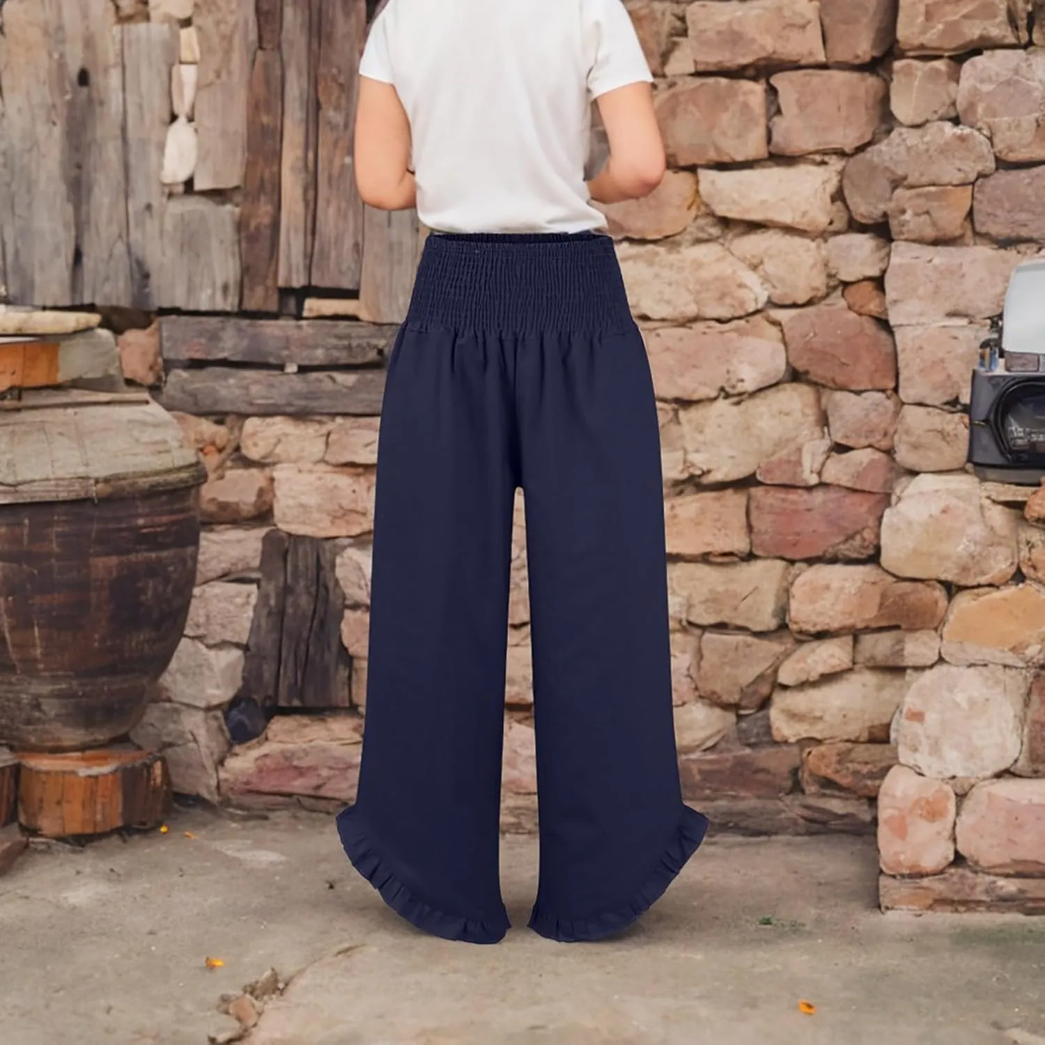 Linen Pants Women Smocked High Waisted Loose Wide Leg Pants Summer Ruffle Hem Palazzo Pant Boho Flowy Pant