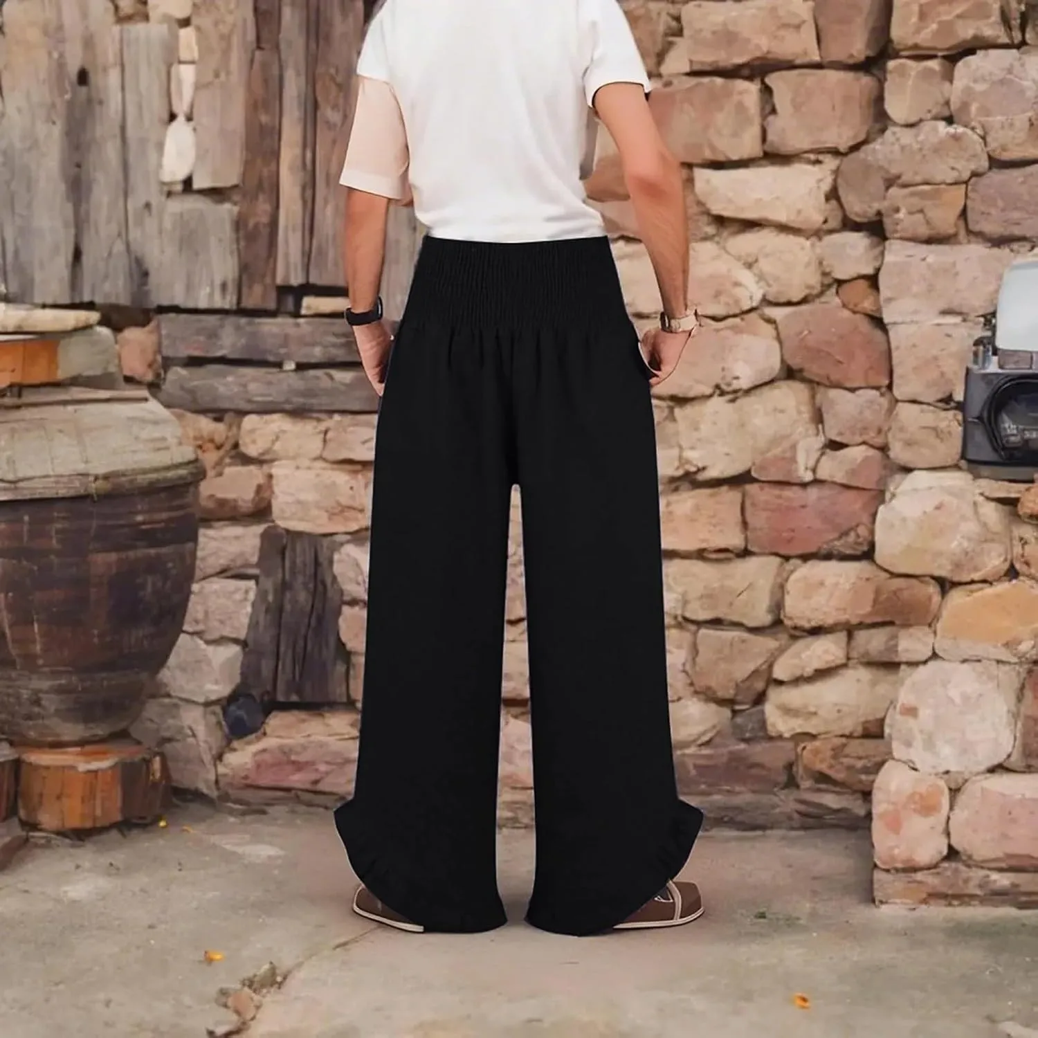 Linen Pants Women Smocked High Waisted Loose Wide Leg Pants Summer Ruffle Hem Palazzo Pant Boho Flowy Pant