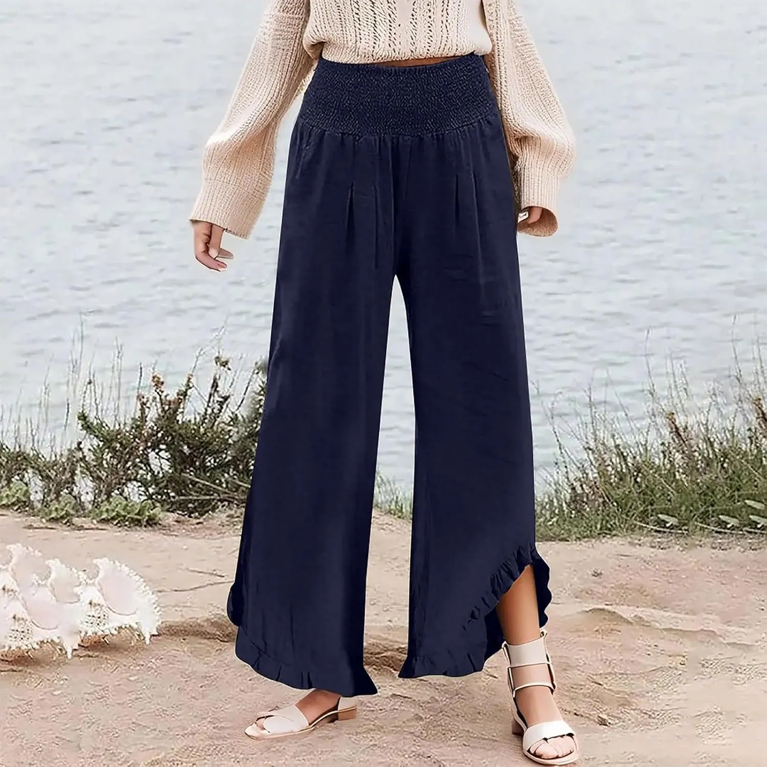 Linen Pants Women Smocked High Waisted Loose Wide Leg Pants Summer Ruffle Hem Palazzo Pant Boho Flowy Pant