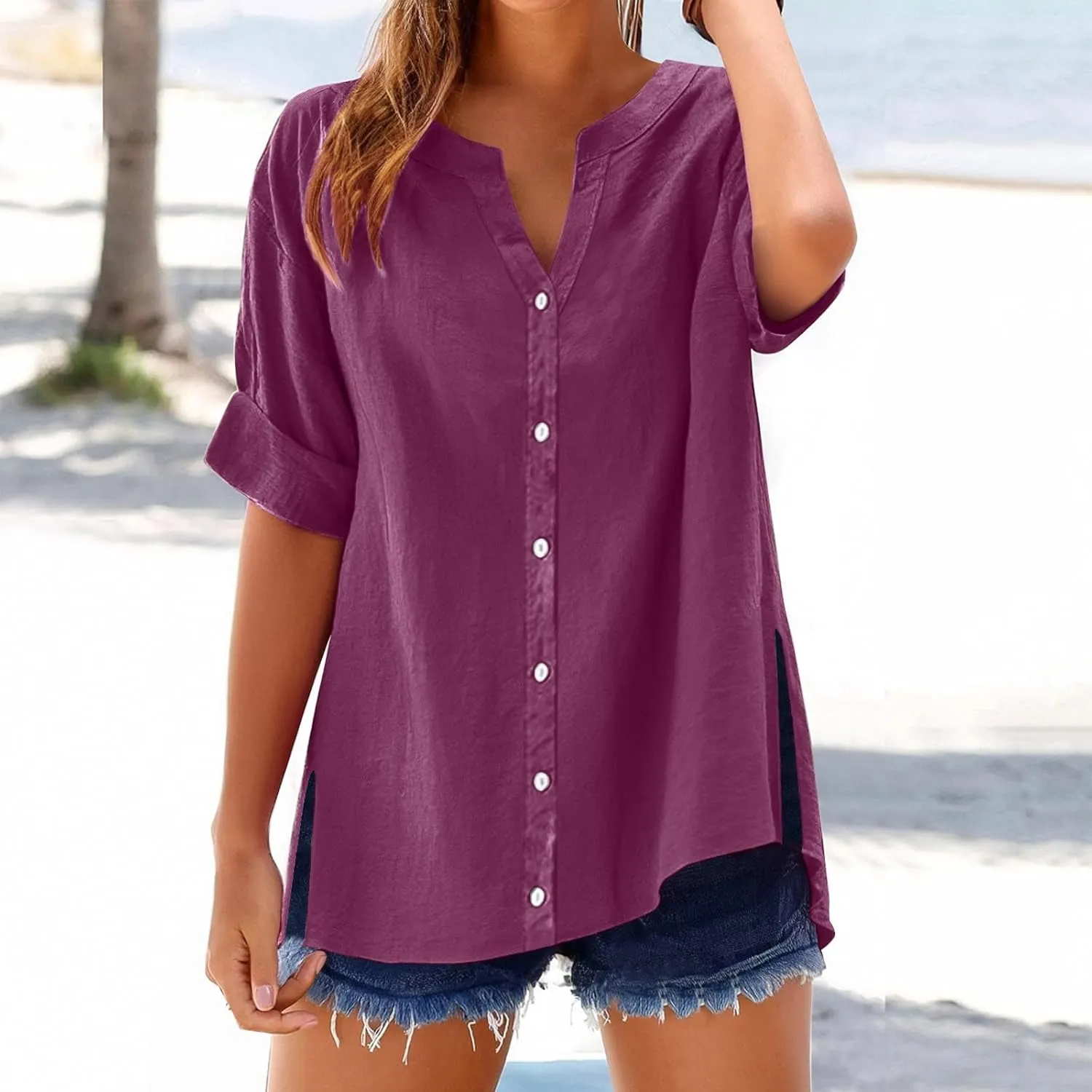 Linen Shirt for Women Breathable Tops Loose Crewneck Tops Womens Daily t Shirts Summer Shirts for Women 2025,Island