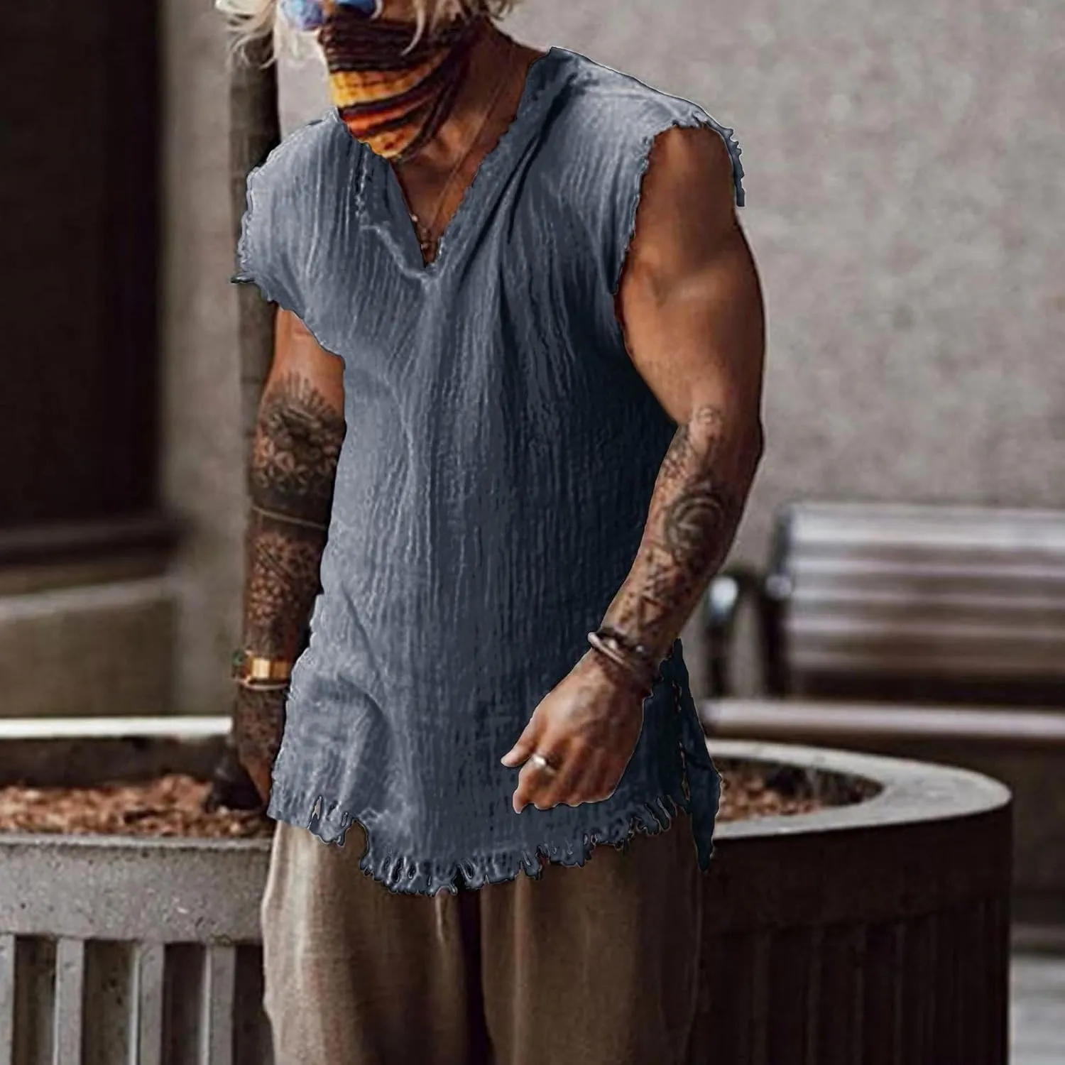 Men's Cotton Linen Shirts Big and Tall Sleeveless Workout Tank Tops Breathable Quick Dry Summer V Neck Gym Fitness Tee