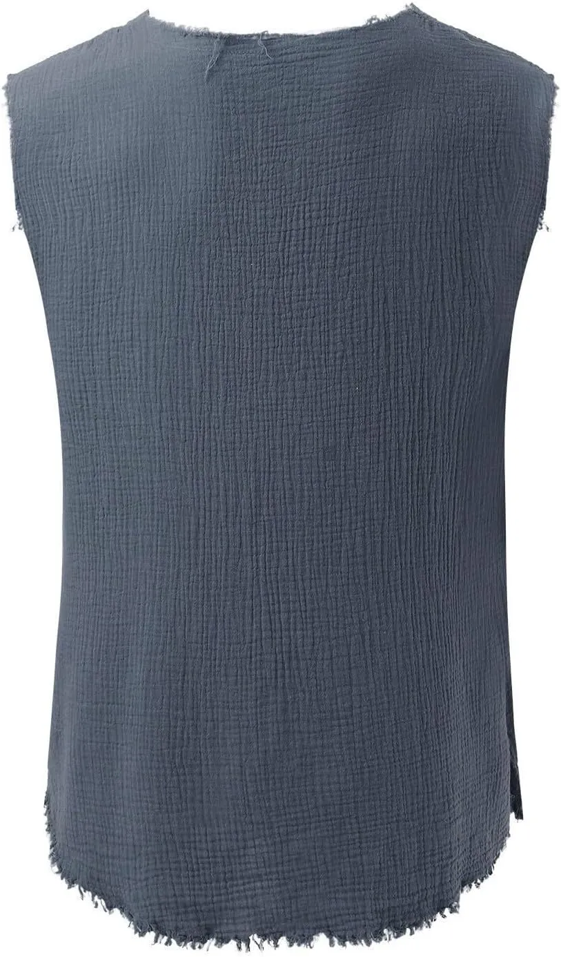 Men's Cotton Linen Shirts Big and Tall Sleeveless Workout Tank Tops Breathable Quick Dry Summer V Neck Gym Fitness Tee