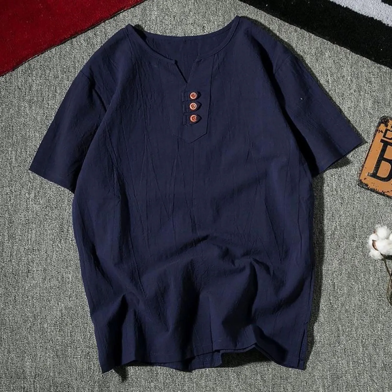 Men's Linen Shirts Plus Size Heavy Weight V Neck Cotton T-Shirts Quick Dry Breathable Summer Shorts Sleeve Tee Tops
