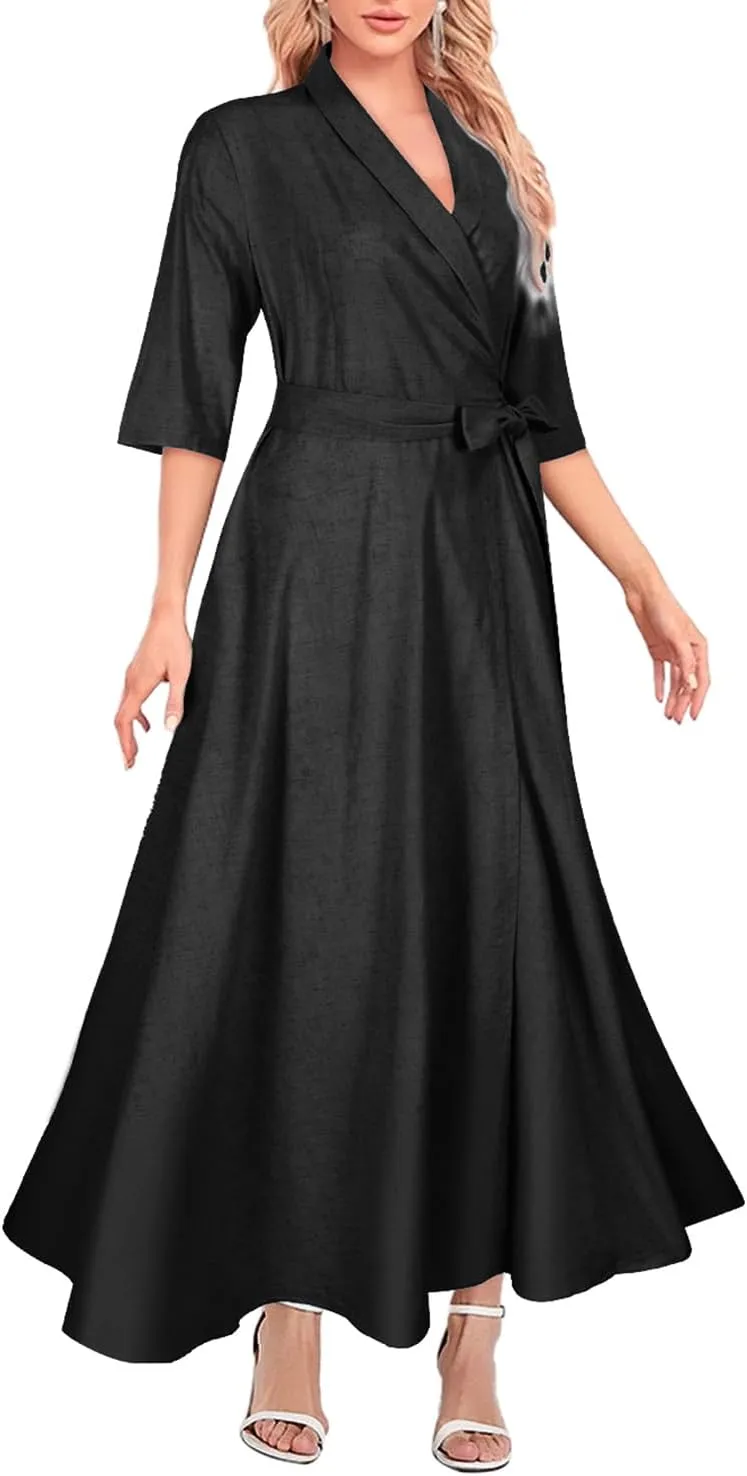 Mingyuezai Women's Linen Wrap Dress V-Neck Lace Up Half Sleeve Maxi Dress