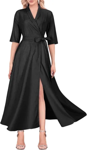 Mingyuezai Women's Linen Wrap Dress V-Neck Lace Up Half Sleeve Maxi Dress