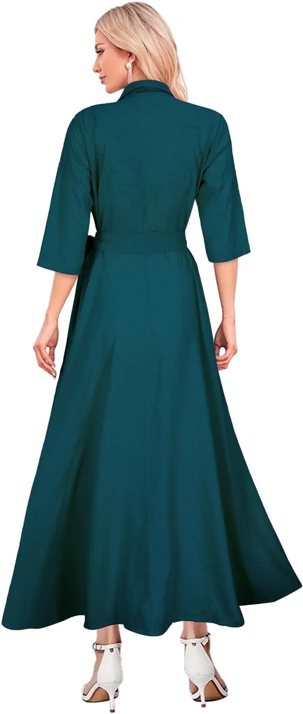 Mingyuezai Women's Linen Wrap Dress V-Neck Lace Up Half Sleeve Maxi Dress