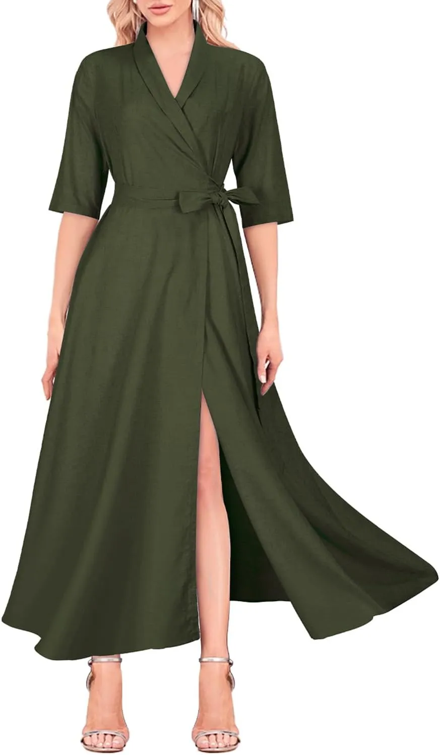Mingyuezai Women's Linen Wrap Dress V-Neck Lace Up Half Sleeve Maxi Dress