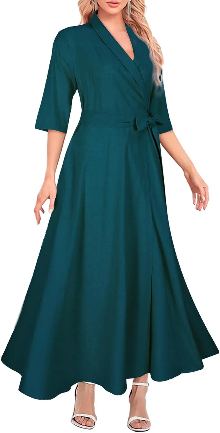 Mingyuezai Women's Linen Wrap Dress V-Neck Lace Up Half Sleeve Maxi Dress