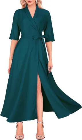 Mingyuezai Women's Linen Wrap Dress V-Neck Lace Up Half Sleeve Maxi Dress