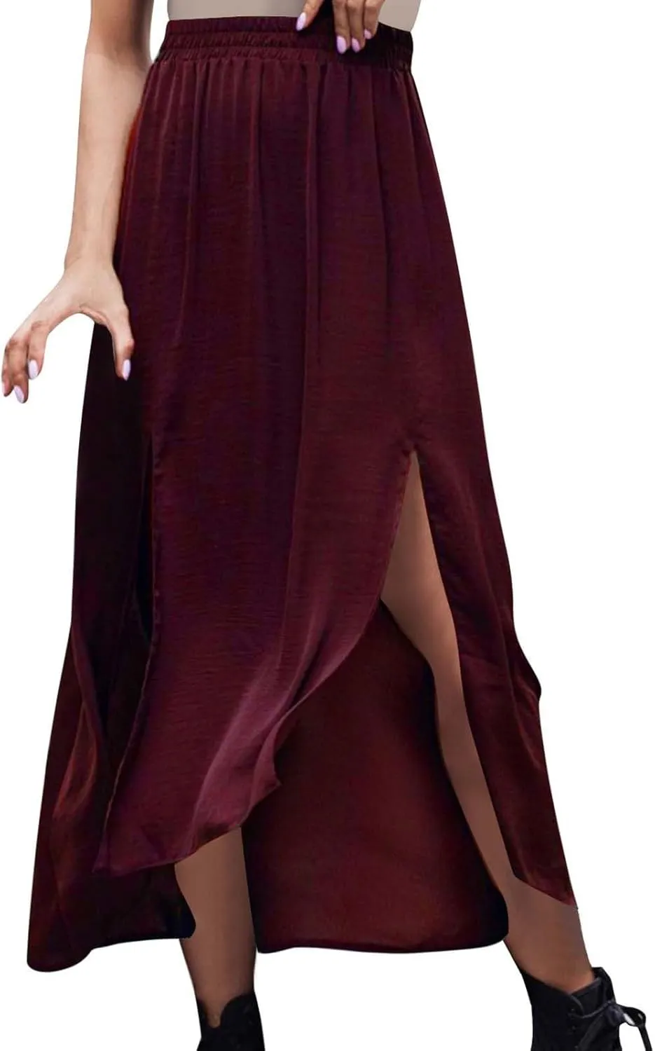 Oplxuo Women's Maxi Skirt with Slit Elastic High Waisted Casual Summer Flowy Long Skirts