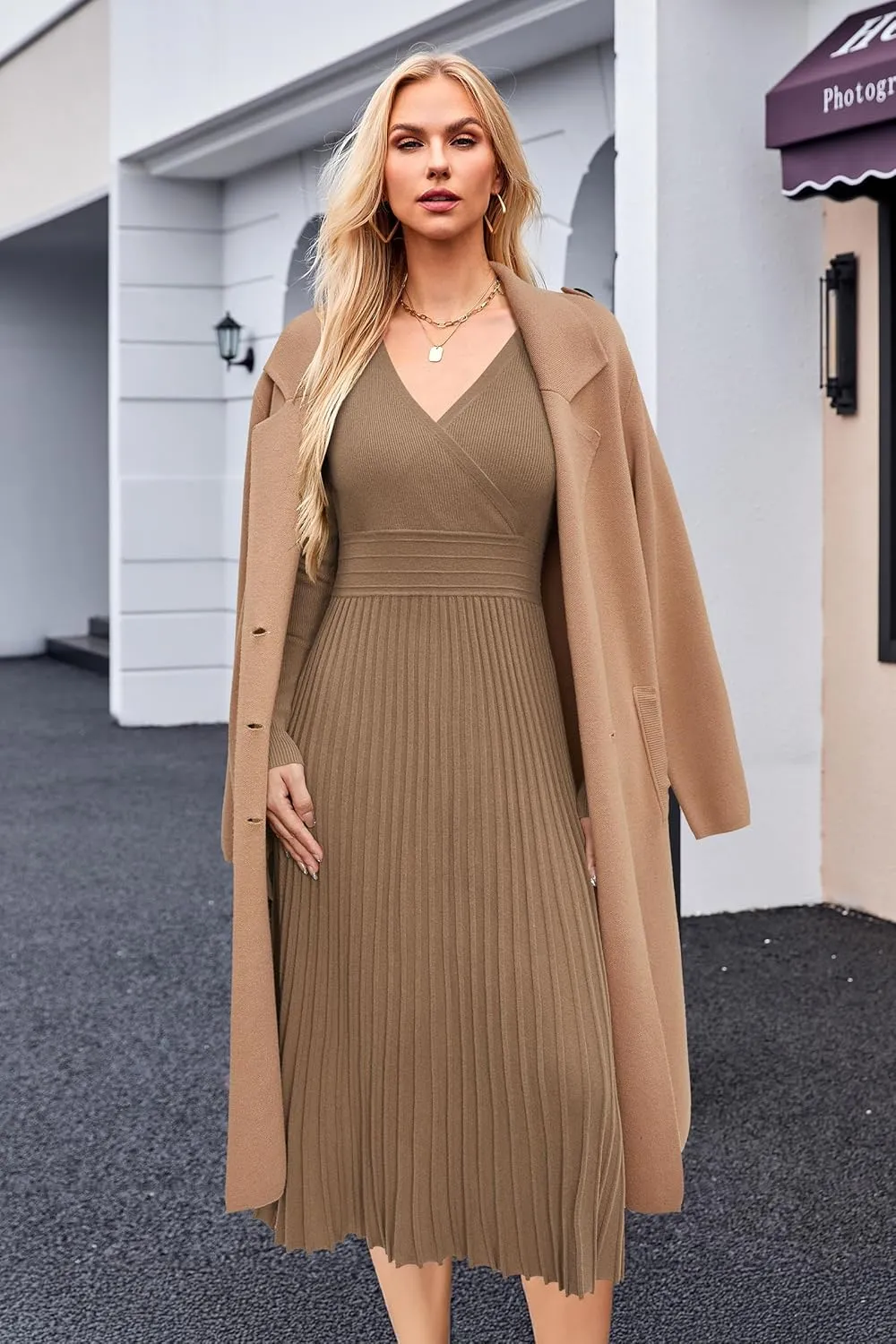 OUGES Womens 2024 Fall Maternity Dress Long Sleeve Wrap V Neck Pleated Midi Dress Casual Sweater Dress Trendy Outfits