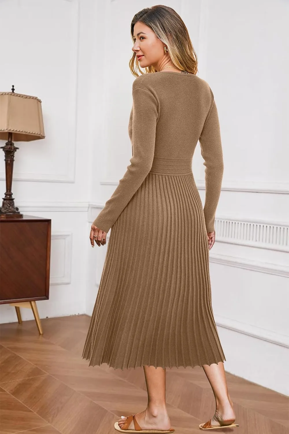 OUGES Womens 2024 Fall Maternity Dress Long Sleeve Wrap V Neck Pleated Midi Dress Casual Sweater Dress Trendy Outfits