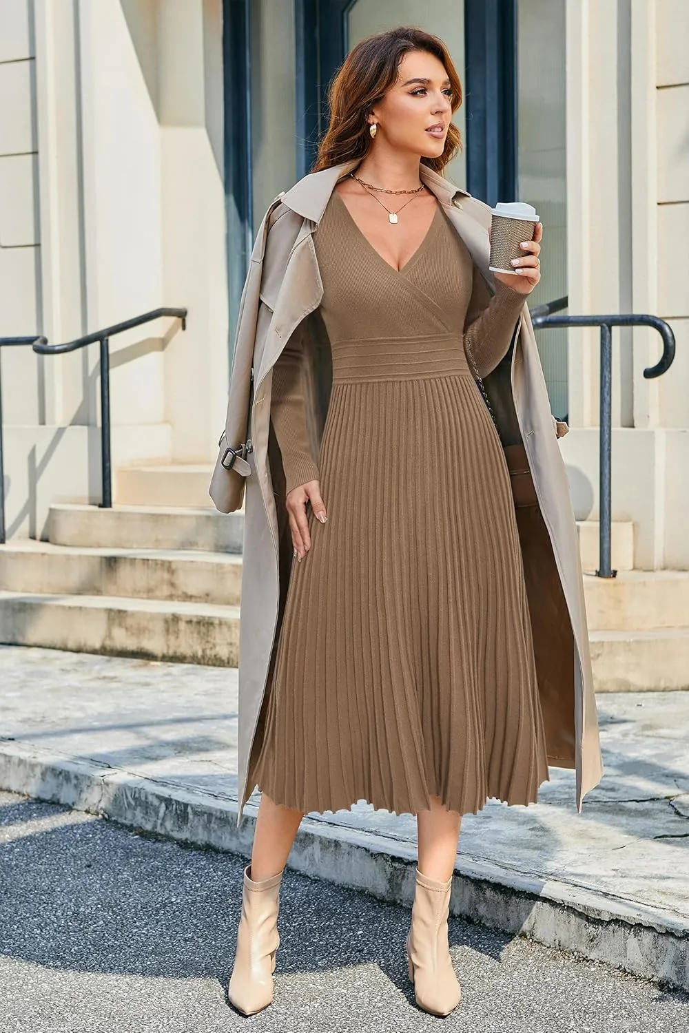 OUGES Womens 2024 Fall Maternity Dress Long Sleeve Wrap V Neck Pleated Midi Dress Casual Sweater Dress Trendy Outfits