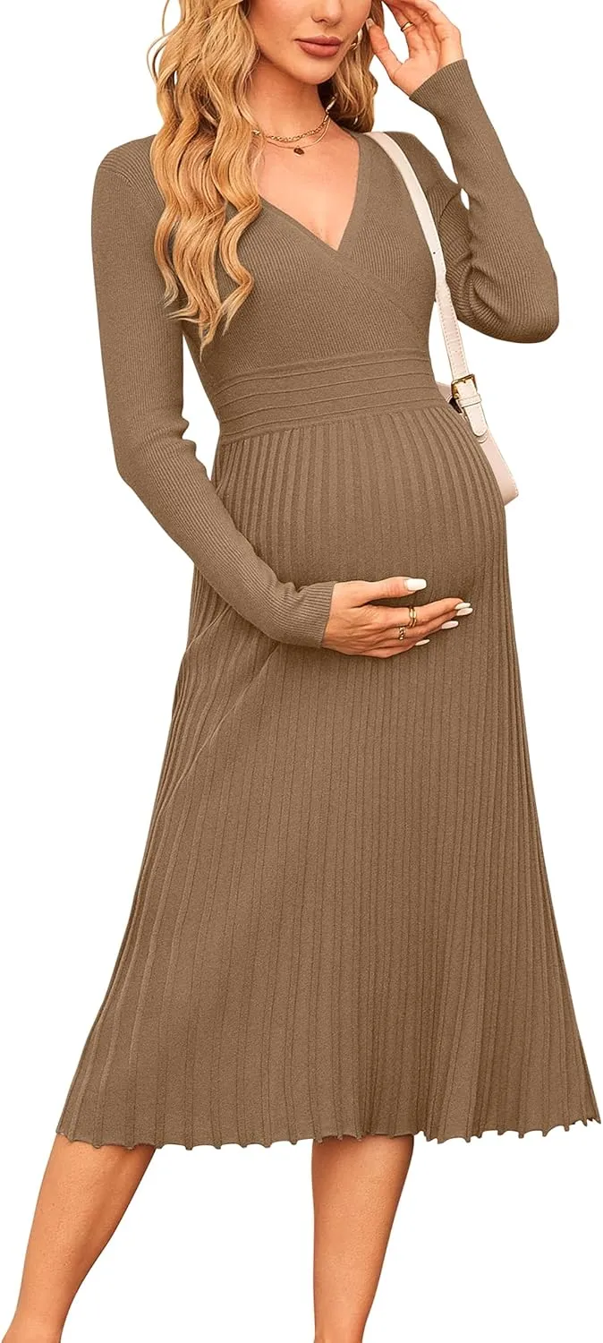 OUGES Womens 2024 Fall Maternity Dress Long Sleeve Wrap V Neck Pleated Midi Dress Casual Sweater Dress Trendy Outfits