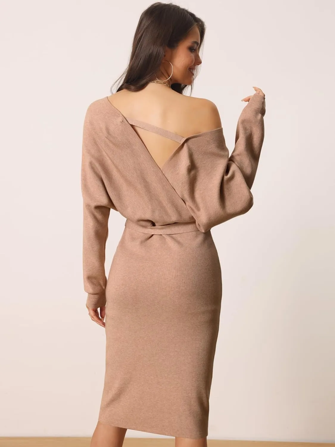 Seta T Women's V Neck Wrap Sweater Dress Batwing Sleeve Backless Midi Knit Dress with Belted