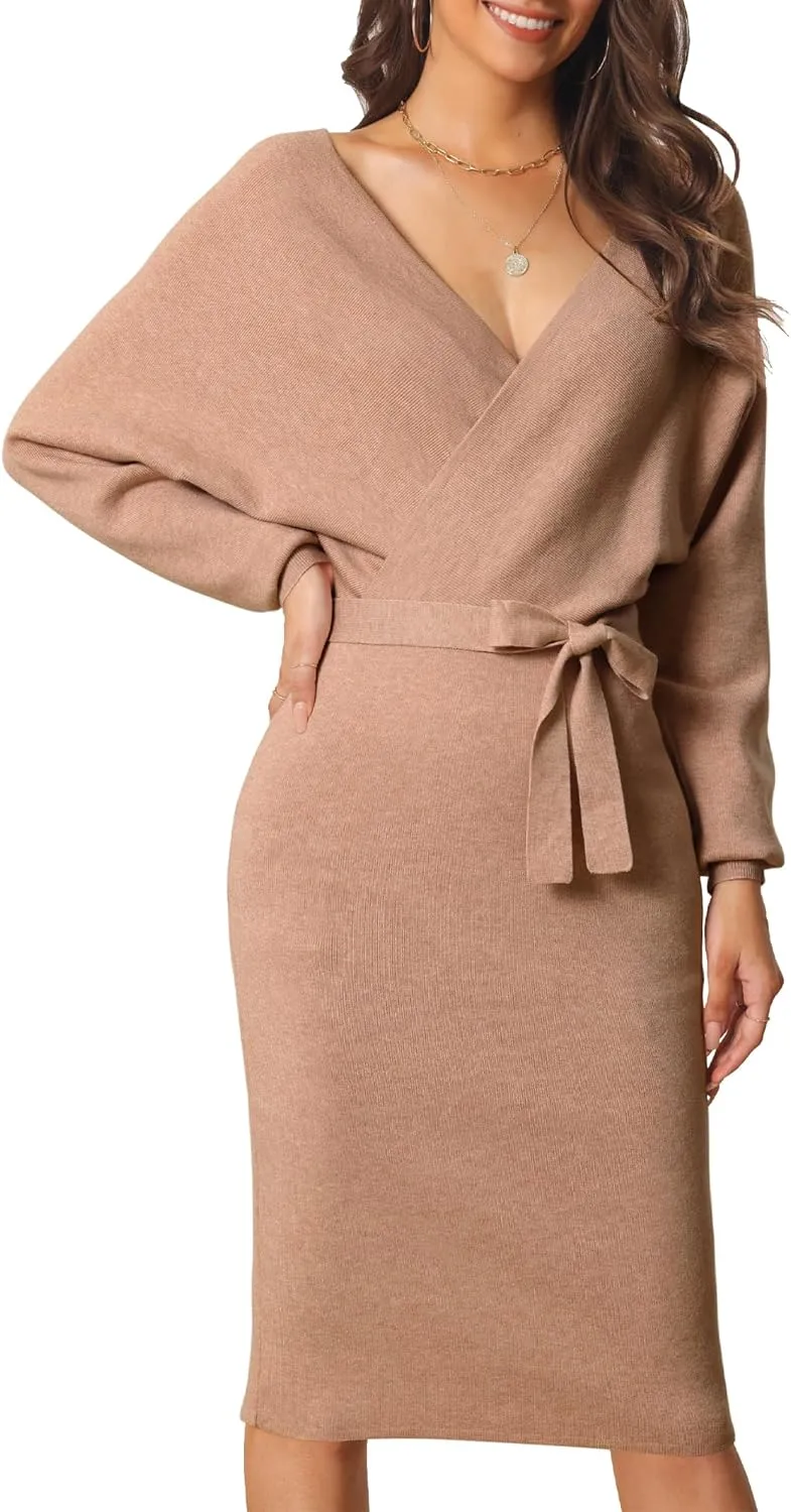 Seta T Women's V Neck Wrap Sweater Dress Batwing Sleeve Backless Midi Knit Dress with Belted