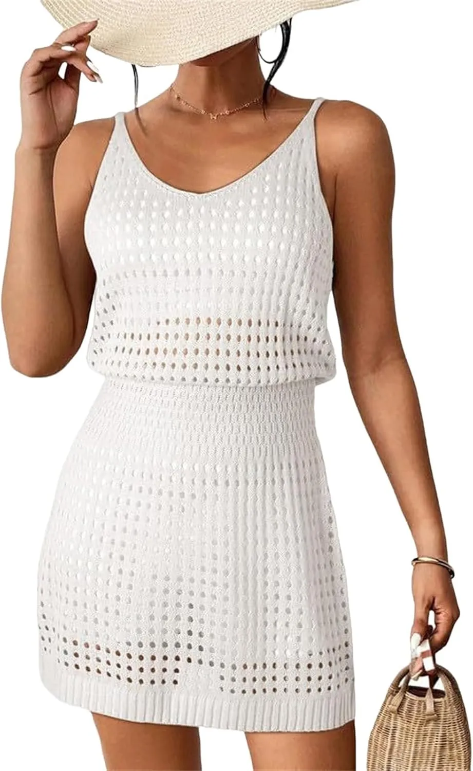 Summer Crochet Hollow Out Knit Beach Bathing Suit Swim Cover Bikini Bathing Suits Swimwear Sleeveless Vacation Dresses