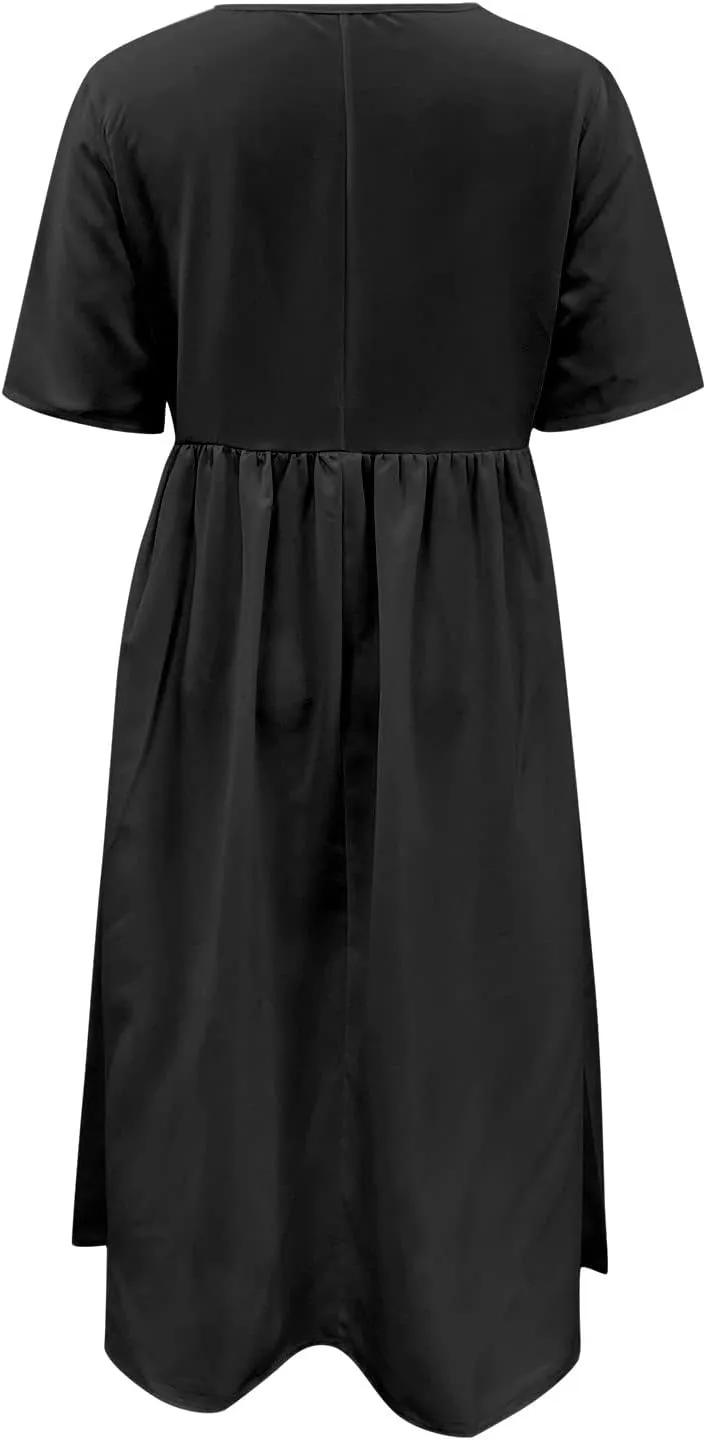 Summer Dresses for Women 2025, Women's Casual Pure Color Dress Crewneck Short Sleeve Loose Dress with Pockets