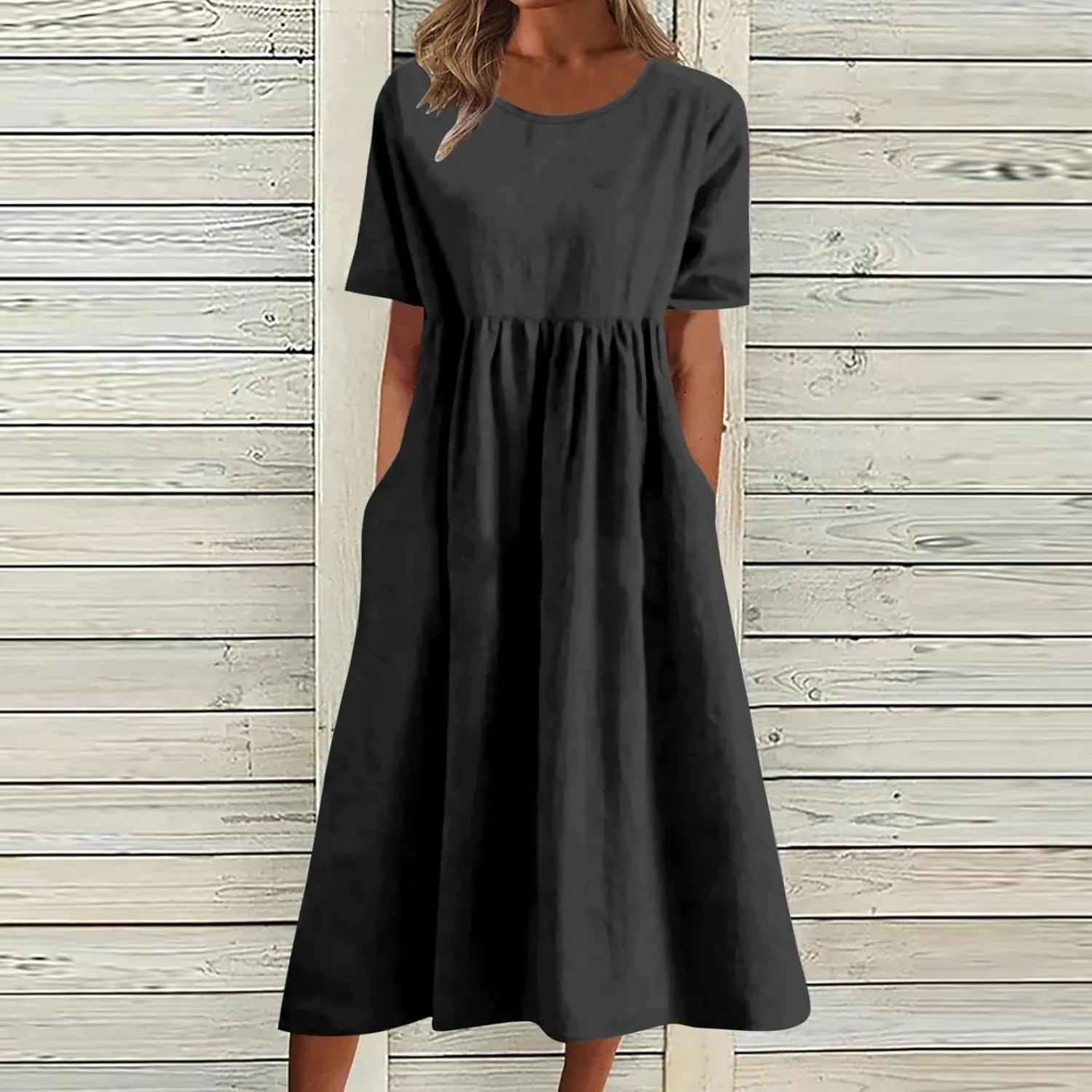 Summer Dresses for Women 2025, Women's Casual Pure Color Dress Crewneck Short Sleeve Loose Dress with Pockets