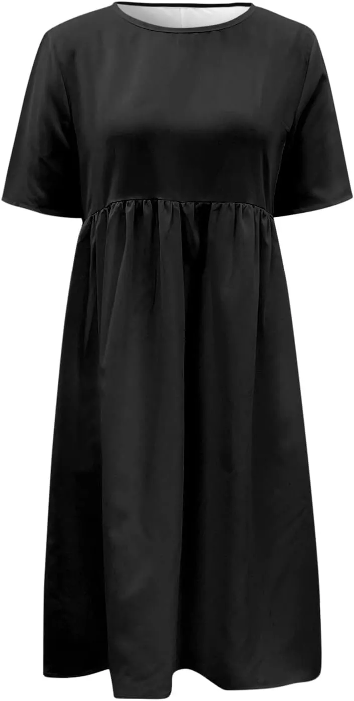 Summer Dresses for Women 2025, Women's Casual Pure Color Dress Crewneck Short Sleeve Loose Dress with Pockets