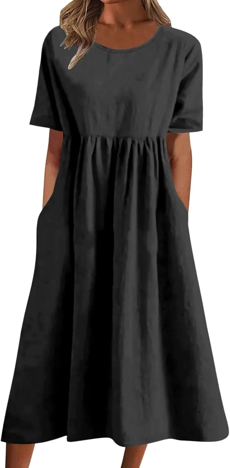 Summer Dresses for Women 2025, Women's Casual Pure Color Dress Crewneck Short Sleeve Loose Dress with Pockets