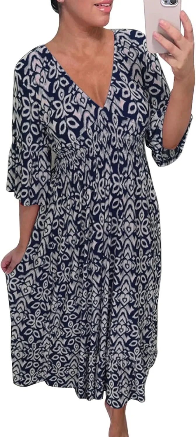 Summer Dresses for Women Boho Floral Print Dress 2025 Casual V Neck Bohemian Wrap 3/4 Sleeve High Waist Midi Dress
