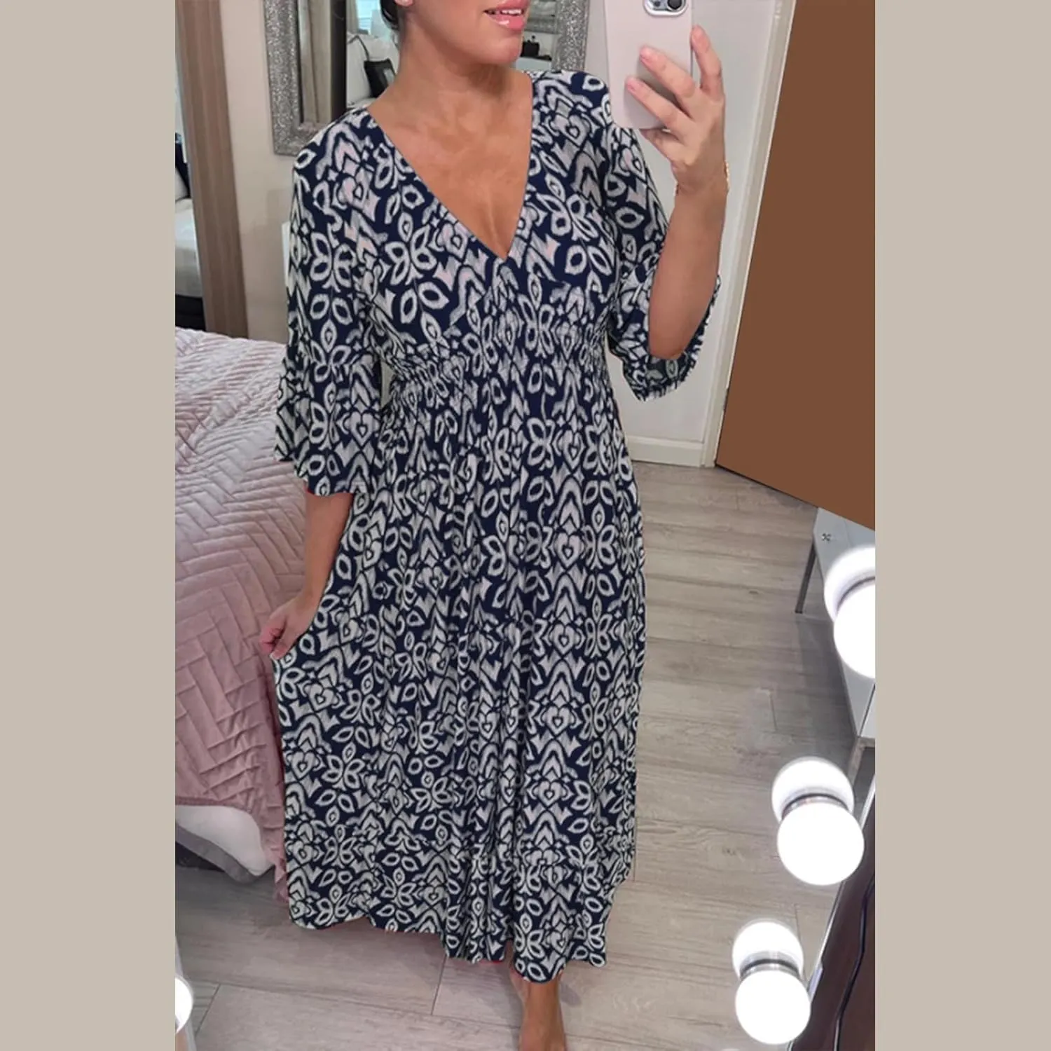 Summer Dresses for Women Boho Floral Print Dress 2025 Casual V Neck Bohemian Wrap 3/4 Sleeve High Waist Midi Dress