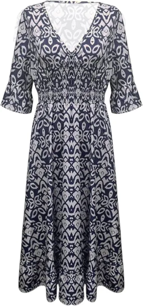 Summer Dresses for Women Boho Floral Print Dress 2025 Casual V Neck Bohemian Wrap 3/4 Sleeve High Waist Midi Dress
