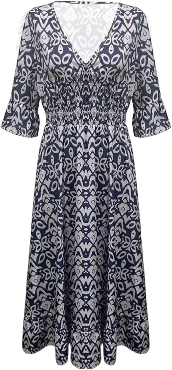 Summer Dresses for Women Boho Floral Print Dress 2025 Casual V Neck Bohemian Wrap 3/4 Sleeve High Waist Midi Dress
