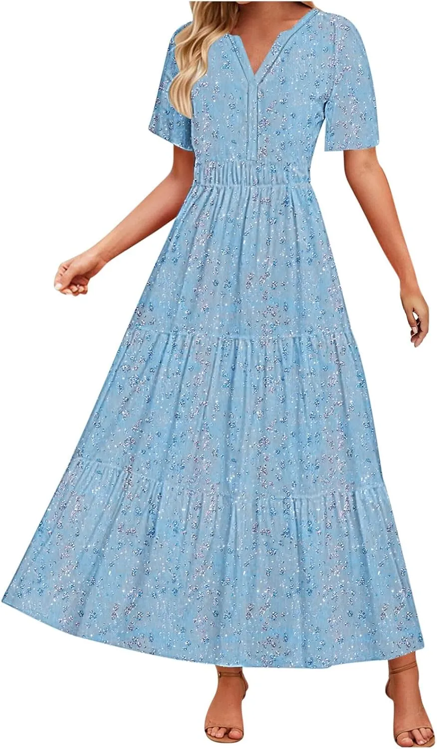 Summer Dresses for Women Casual Sexy Boho Floral Dress Short Sleeve Flowy Beach Vacation Midi Dresses