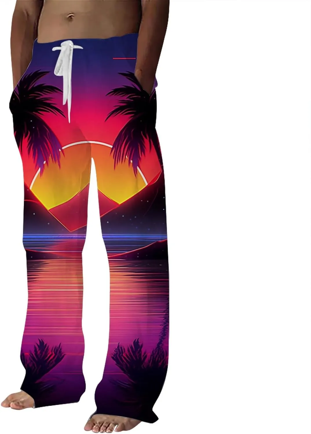 Summer Lightweight Linen Pants for Men Fashion Tropical Print Pants Elastic Waist Loose Trousers Athletic Joggers Chino Pant Skinny