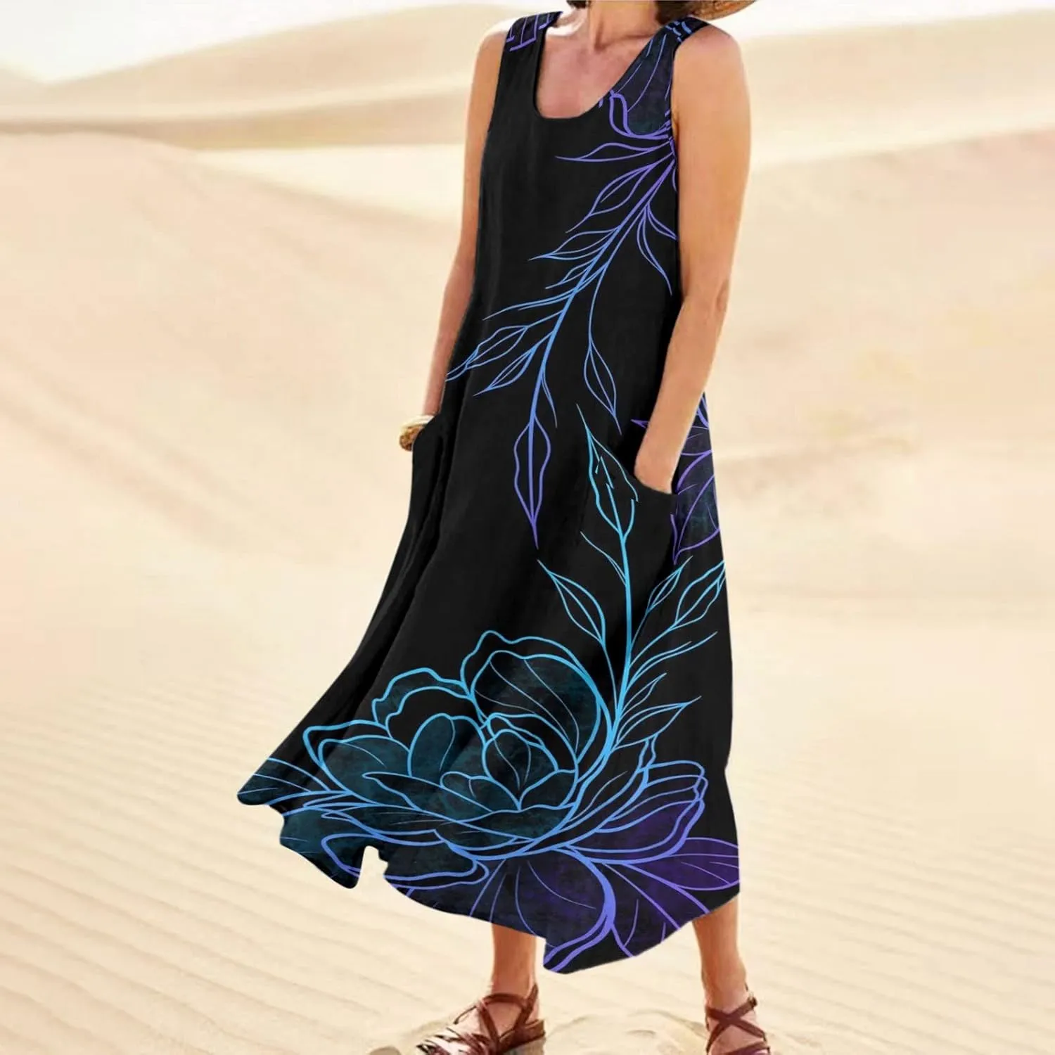 Sundresses for Women 2024 Casual Cotton Linen Maxi Dresses with Pockets Loose Print Sun Dress Plus Size Summer Dress