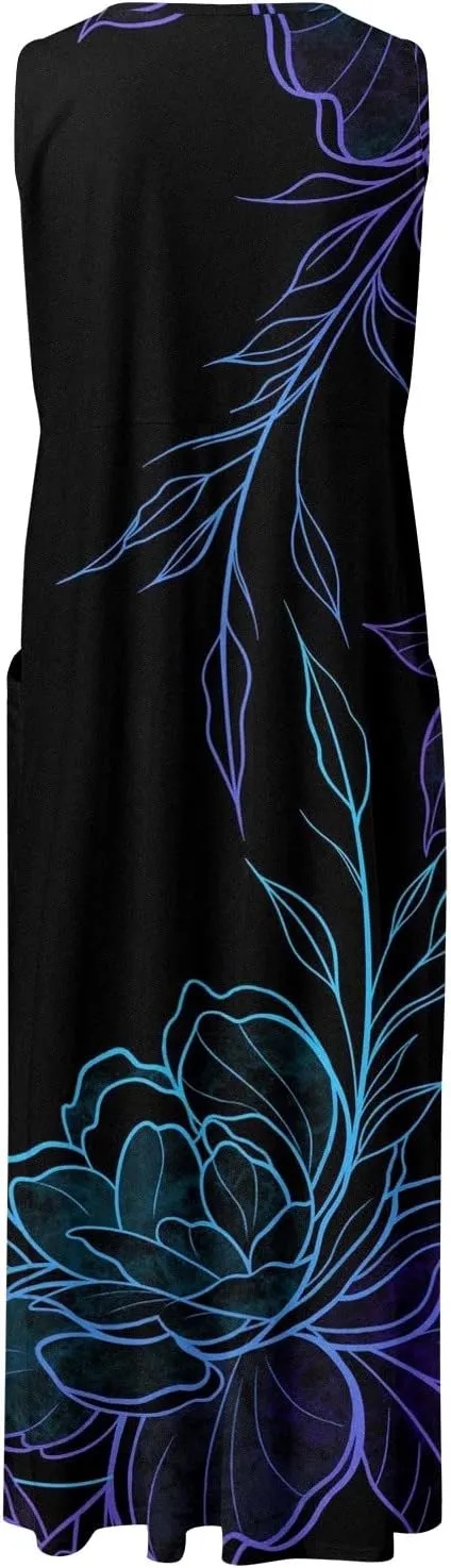 Sundresses for Women 2024 Casual Cotton Linen Maxi Dresses with Pockets Loose Print Sun Dress Plus Size Summer Dress