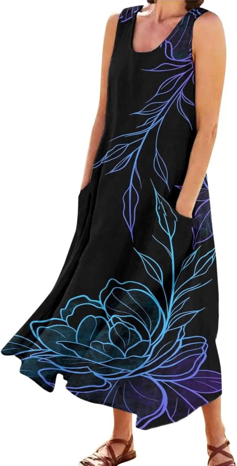 Sundresses for Women 2024 Casual Cotton Linen Maxi Dresses with Pockets Loose Print Sun Dress Plus Size Summer Dress