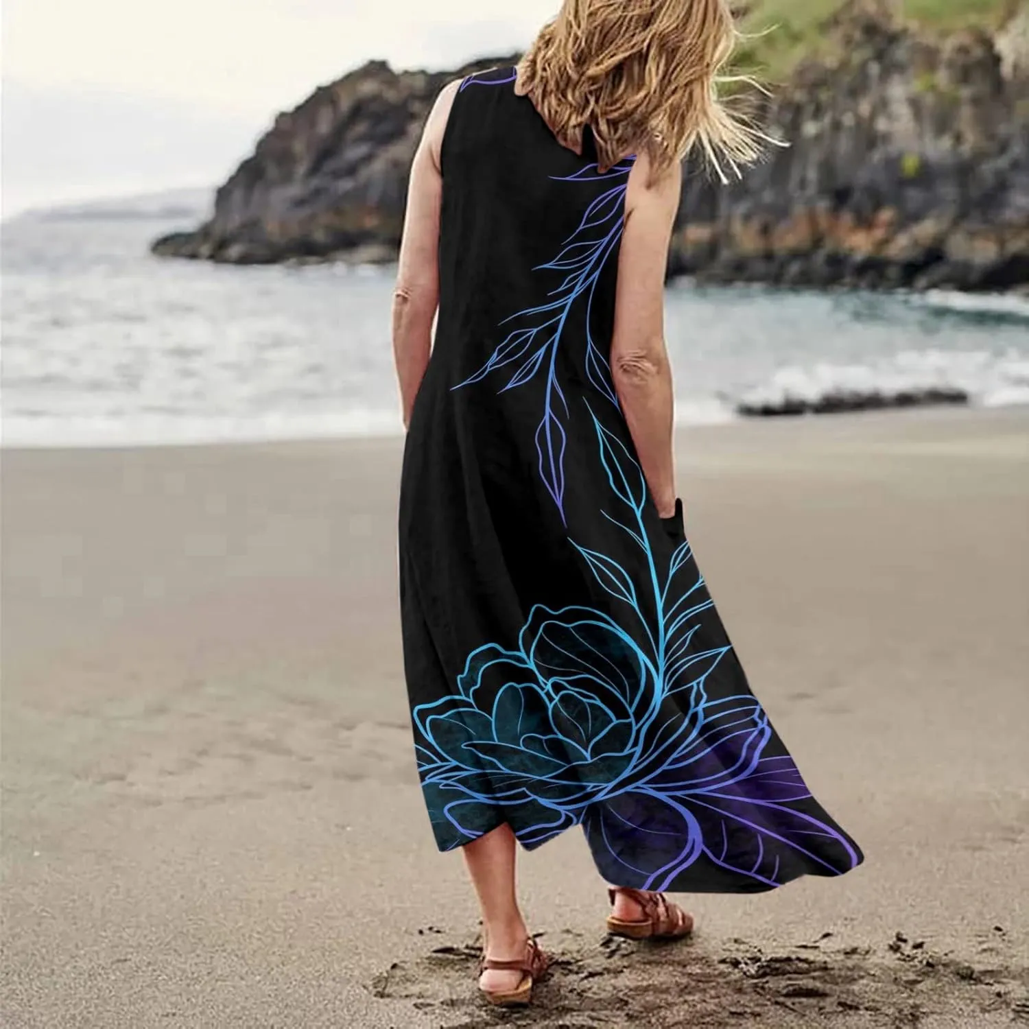 Sundresses for Women 2024 Casual Cotton Linen Maxi Dresses with Pockets Loose Print Sun Dress Plus Size Summer Dress