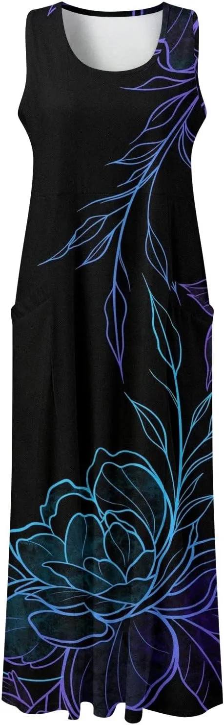 Sundresses for Women 2024 Casual Cotton Linen Maxi Dresses with Pockets Loose Print Sun Dress Plus Size Summer Dress