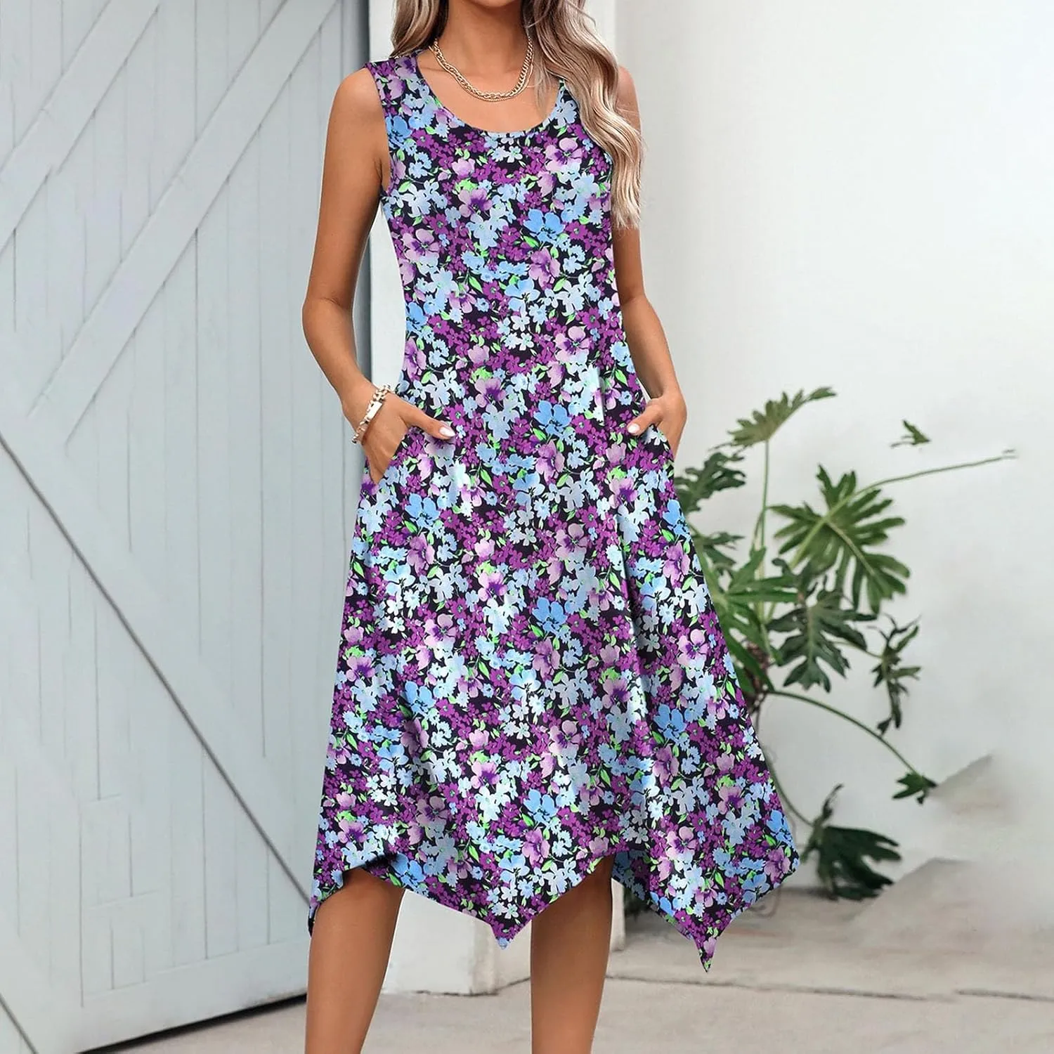 Sundresses for Women 2024 Casual Crewneck Printed Handkerchief Beach Dress Trendy High Waist Maxi Dress Summer Dress